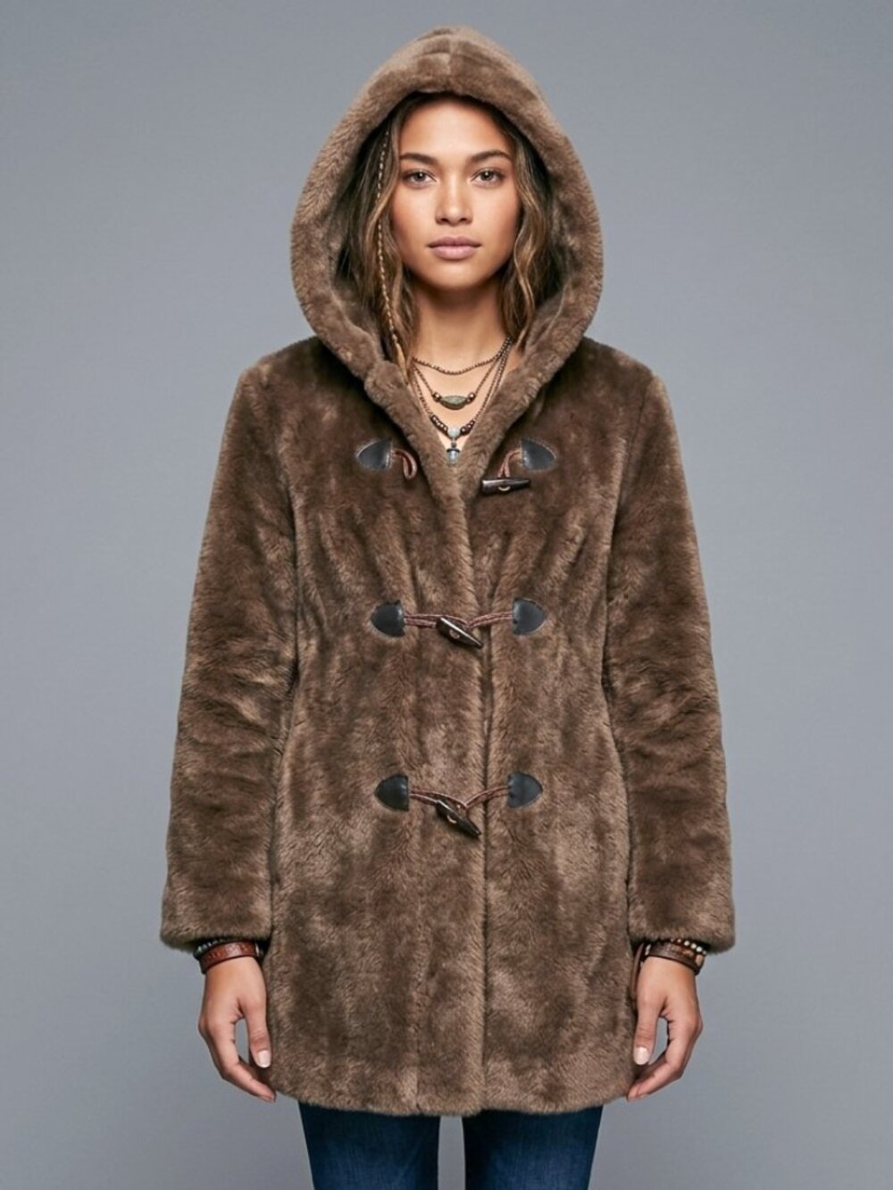 XL Vintage 70s Sears Brown Faux Fur Vegan Teddy Duffle Winter Coat Hood 60s